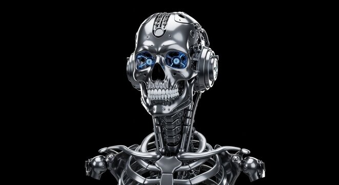 Skeletal Android Bust with Glowing Blue Eyes