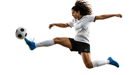 Young female soccer player kicking a ball mid-air isolated on white background, sports action and athleticism, perfect for sports campaigns