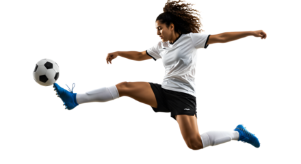 Young female soccer player kicking a ball mid-air isolated on white background, sports action and athleticism, perfect for sports campaigns