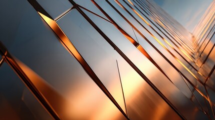 Abstract close-up of a modern architectural facade with reflective copper and glass panels.
