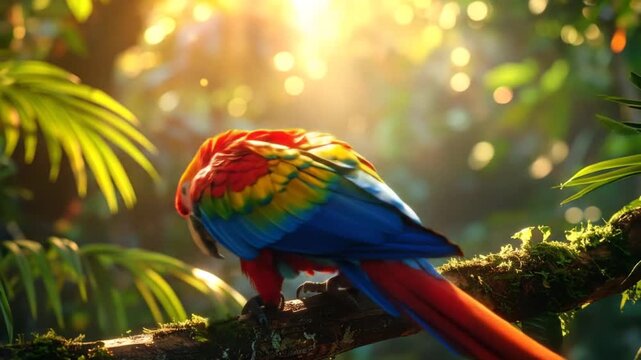 Vibrant parrot perched in lush foliage with golden sunlight