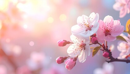 Obraz premium Beautiful pink and white cherry flowers on blurred light background. Spring floral background with copy space.
