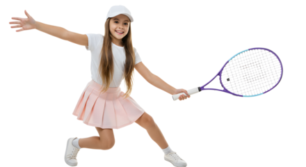 Young girl playing tennis in white cap and pink skirt swinging racket on white background, active sports concept, perfect for youth sports campaigns