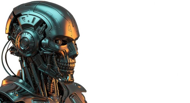 Profile of a Futuristic Metallic Cyborg on a White Background
