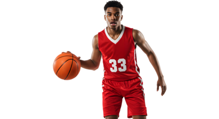 Young male basketball player dribbling ball wearing red jersey and shorts isolated on white background, perfect for sports, fitness, and team concepts
