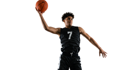 Young male basketball player in black uniform jumping to shoot a basketball perfect for sports and athletic themes