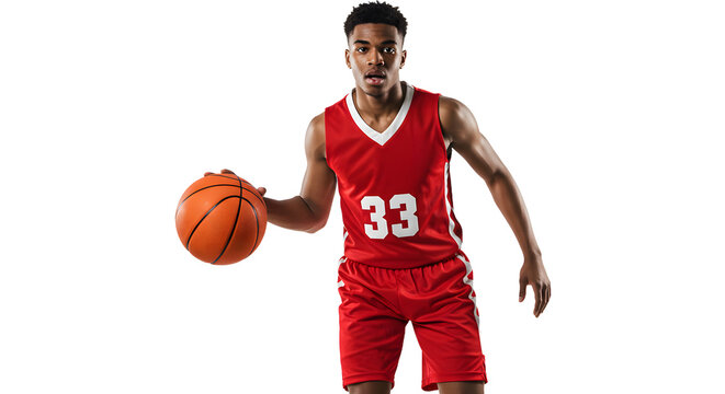 Young male basketball player dribbling ball wearing red jersey and shorts isolated on white background, perfect for sports, fitness, and team concepts