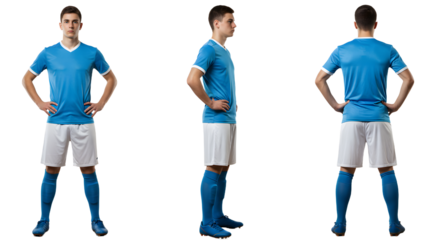Young male soccer player in blue and white uniform standing in front, side, and back views on isolated white background, perfect for sports and athletic content