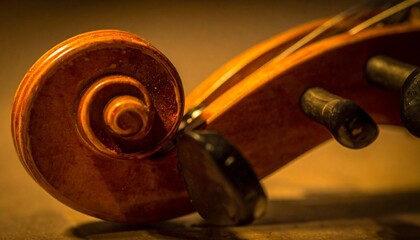Close-up of the scroll and tuning pegs of a violin, showing the intricate details of the instrument.