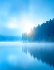 Tranquil lake sunrise with misty forest