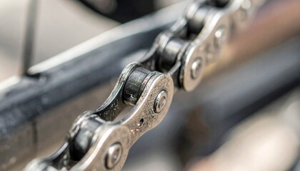 Close-up of a bicycle chain showing the intricate details of its links and construction.