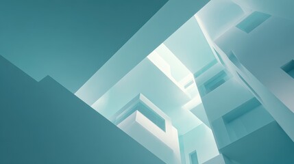 Fototapeta premium Low angle view of abstract futuristic building interior with geometric teal and white shapes.