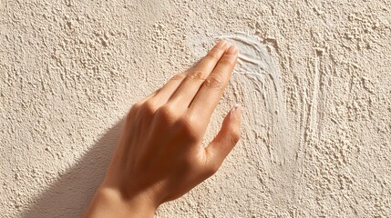 A hand gently presses against textured, light-colored wall, leaving a white creamy substance trail. The hand creates a subtle shadow, providing depth to the simple composition.