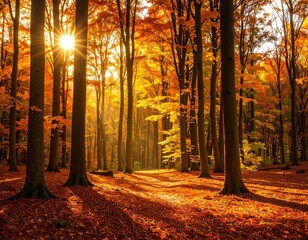 Golden autumn forest at sunrise