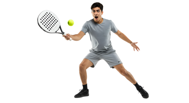 Young man playing paddle tennis hitting ball with racket in athletic wear isolated on black background, perfect for sports and fitness content