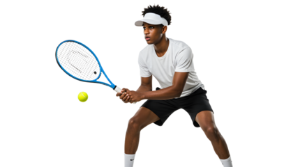 Young man playing tennis preparing to hit a ball with a racket on a white background, active sport concept, perfect for sports and fitness projects