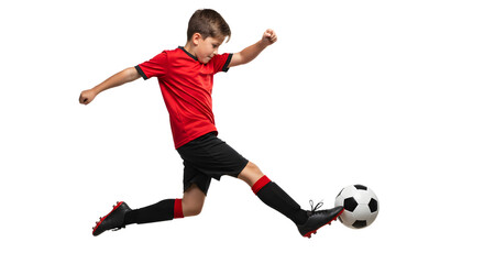 Boy playing soccer kicking ball midair isolated on white background, youth football player in action perfect for sports and kids activities