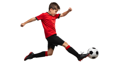 Boy playing soccer kicking ball midair isolated on white background, youth football player in action perfect for sports and kids activities