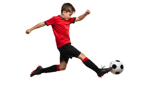Boy playing soccer kicking ball midair isolated on white background, youth football player in action perfect for sports and kids activities