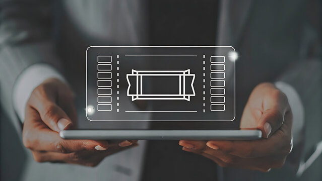 Hands holding tablet with glowing holographic online shopping interface