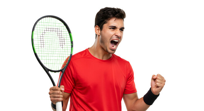 Excited male tennis player celebrating victory holding racket wearing red shirt and wristbands, sports and competition energy, perfect for sports marketing