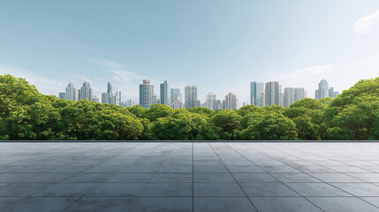 Empty square floor and green forest with city skyline on a sunny day