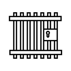 Prison or jail silhouette symbol. Metal cage with bars and lock. Crime justice or punishment icon. Vector black shape isolated on white background.


