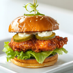 Delicious Spicy Chicken Sandwich on White Background &ndash; Fast Food Concept