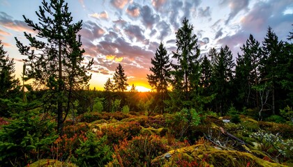 Golden sunset over a lush, moss-covered forest