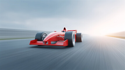 Red Formula 1 racing car speeding on asphalt track in motion blur, representing adrenaline, speed, competition, and modern motorsport technology, with dynamic copy space for design use.