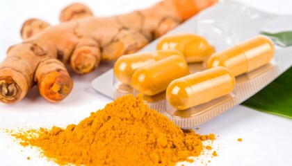 Turmeric root, powder, and capsules on white background