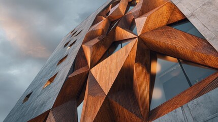 Modern geometric architecture with faceted wooden and concrete facade under cloudy sky