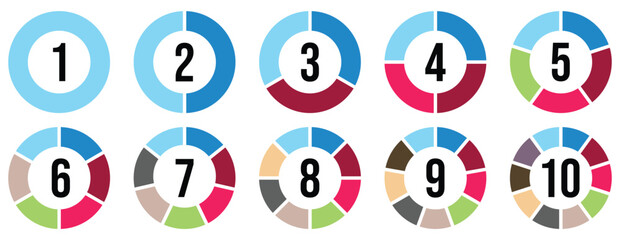 Circle diagram, pie chart infographic design. Circle section graph. 1,2,3,4,5 segment infographic. Different color circles isolated. Infographic element round shape. Vector illustration.