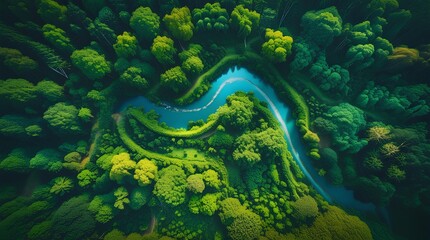 a lush, dense forest with a winding river cutting through the greenery 