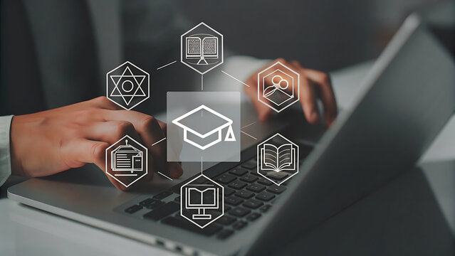 Hands typing with holographic online tutoring session virtual classroom