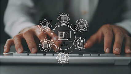 Hands typing with holographic predictive financial analytics forecasting  