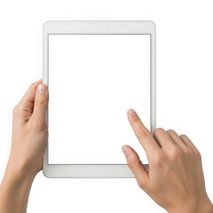 Person holding a tablet computer with a blank screen, isolated on transparent background