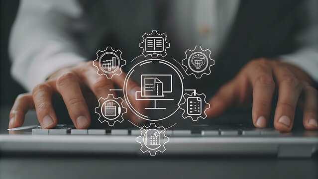 Hands typing with holographic predictive financial analytics forecasting