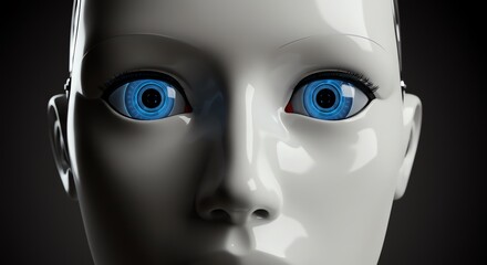 Robot head with blue eyes and reflective surface