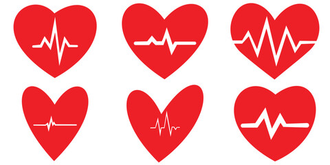 Set of red heart icons in various styles plain, heartbeat monitor, and broken heart designs. Perfect for Valentine's Day, love themes, health, medical, 