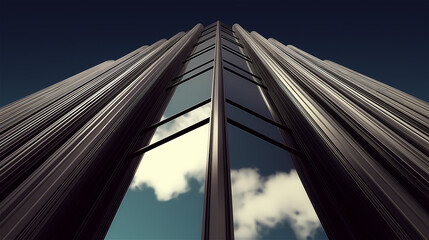 Low angle view of modern skyscraper with glass facade reflecting cloudy sky, symbolizing architecture, innovation, strength, and urban development with clean lines and copy space.