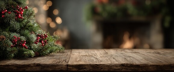 Rustic wooden table with Christmas decor, blurry background, and cozy fireplace glow