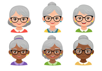 Diverse Set of Cartoon Grandmothers with Gray Hair and Glasses.