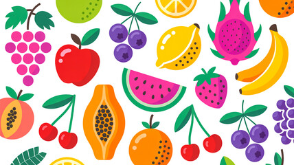 A vibrant, colorful illustration of various fruits arranged in a seamless pattern against a white background