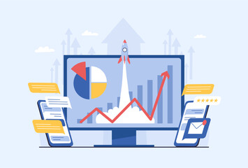 Computer monitor with charts, rocket launch, and upward graph surrounded by mobile devices with messages. Flat vector illustration. Digital marketing and business growth concept.
