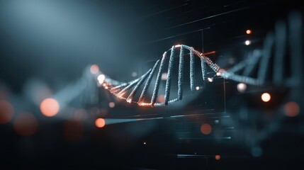 Abstract digital DNA helix with glowing lights and dark background