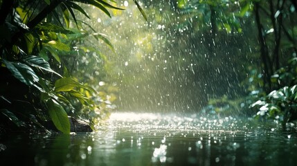 Fototapeta premium A vibrant rainforest, with refreshing rain water reflections, showcases natures wonders. Its rich foliage creates a serene atmosphere perfect for relaxation and exploration of this intricate ecosystem