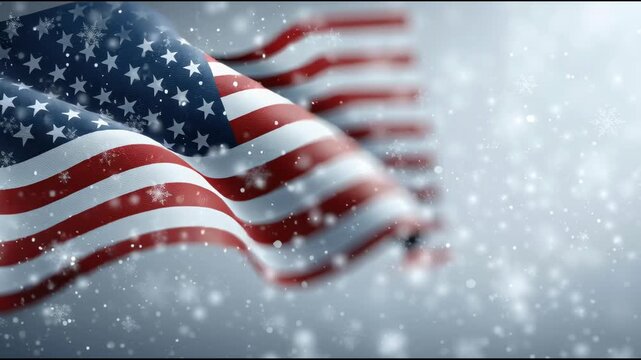 American flag waving in the wind amidst falling snowflakes natural winter scene close-up view for stunning visual impact