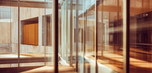 Fototapeta premium Interior View of Modern Building with Multiple Glass Walls and Sunlight