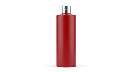 Red cosmetic bottle with silver cap isolated on white background